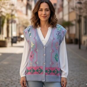 Vintage Robert Scott Ltd Blue Knit Floral Button Front Vest Womens L Cottagecore